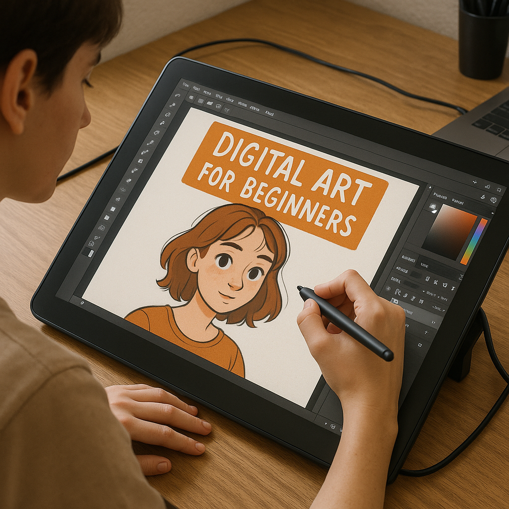 Artist working on a digital tablet with an intuitive screen, illustrating digital art for beginners online course. Alt: Beginner using a pen display for digital art creation.