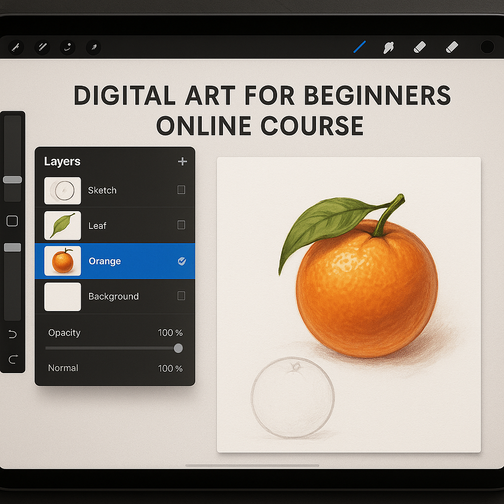 Digital artist’s workflow showing layers and tools on screen focusing on digital art for beginners online course. Alt: Organized digital art workflow for beginners online course.