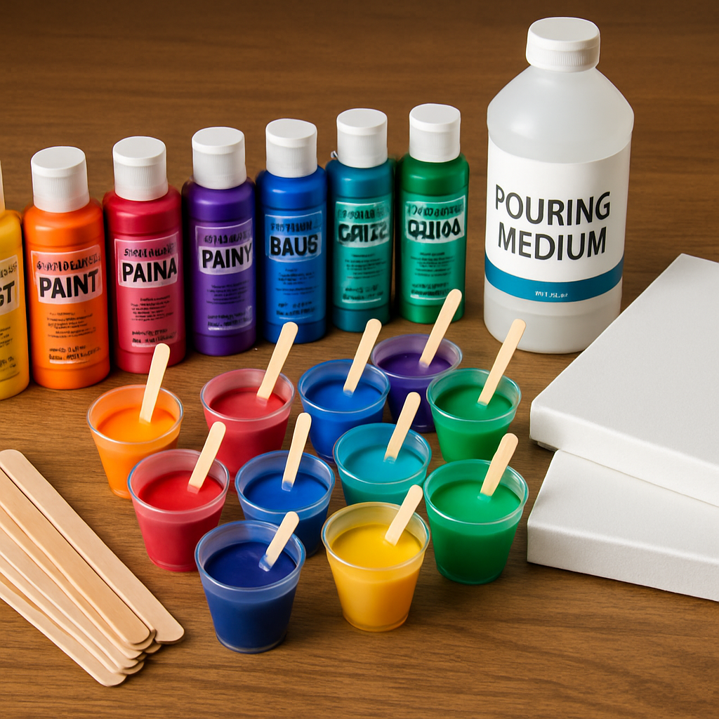 A colorful array of acrylic pouring materials including artist-grade paints, pouring mediums, mixing sticks, silicone cups, and stretched canvases neatly arranged on a wooden table. Alt: Essential acrylic pour painting supplies laid out ready for beginners to start their creative fluid art journey.