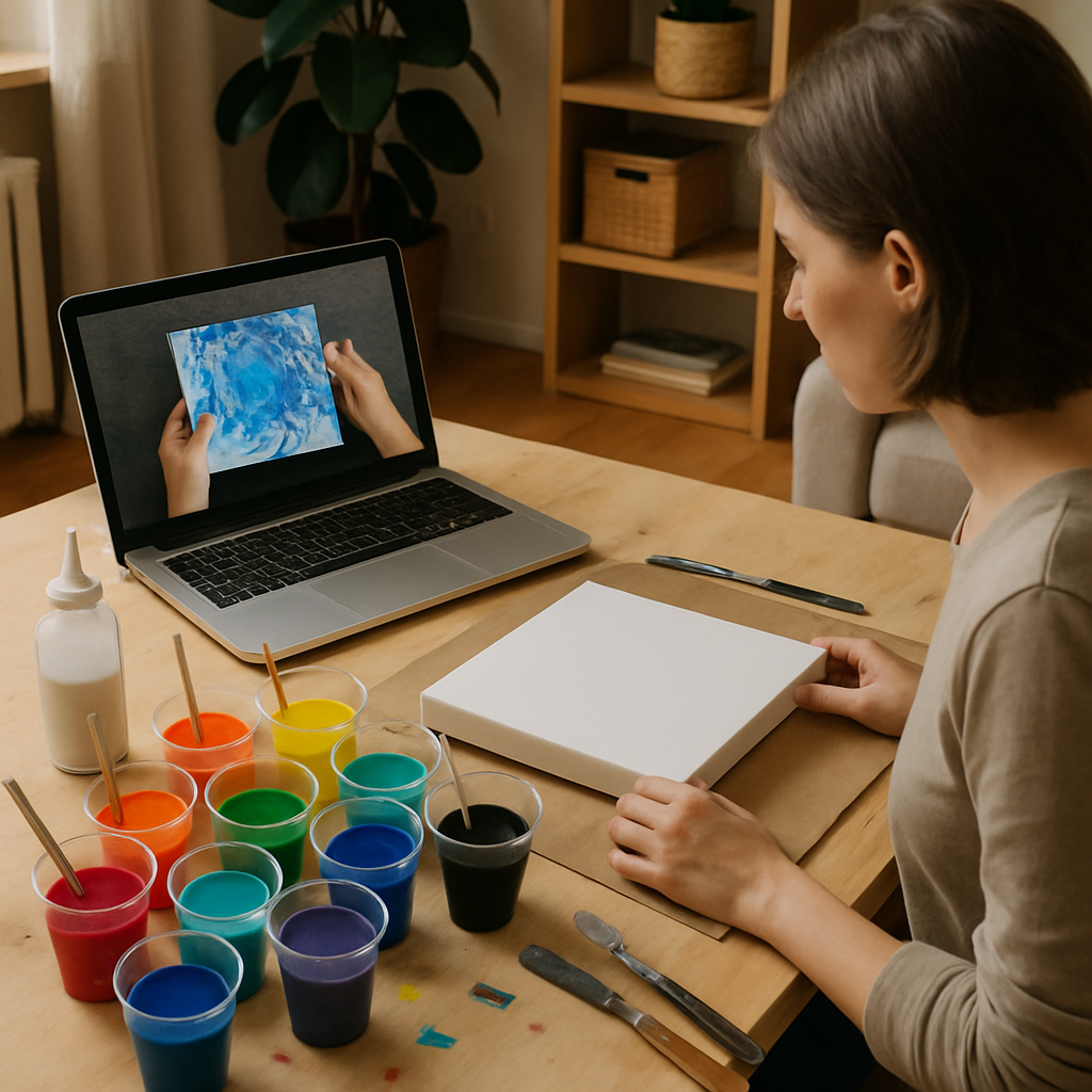 A cozy home art space with a beginner following an online acrylic pour painting class on a laptop, surrounded by colorful paint cups and tools. Alt: Beginner artist engaging in online acrylic pour painting classes for beginners with paints and canvas.