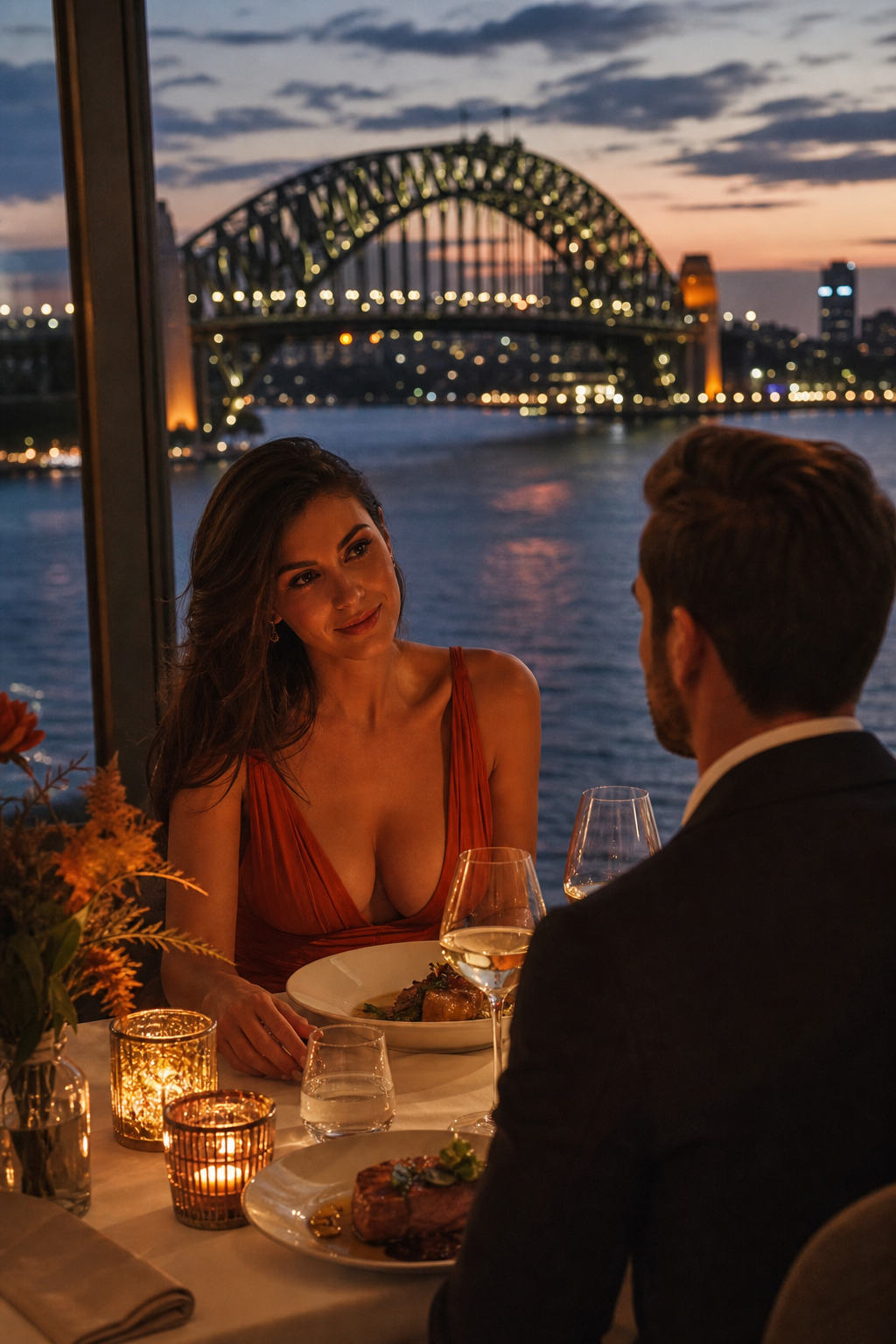 A photorealistic scene of a beautifully set dinner table for two overlooking Sydney Harbour at dusk, candlelight reflecting on the water with the Harbour Bridge softly lit in the background, warm amber tones, editorial lifestyle photography. Alt: GFE escort dinner date with Sydney Harbour view at night.