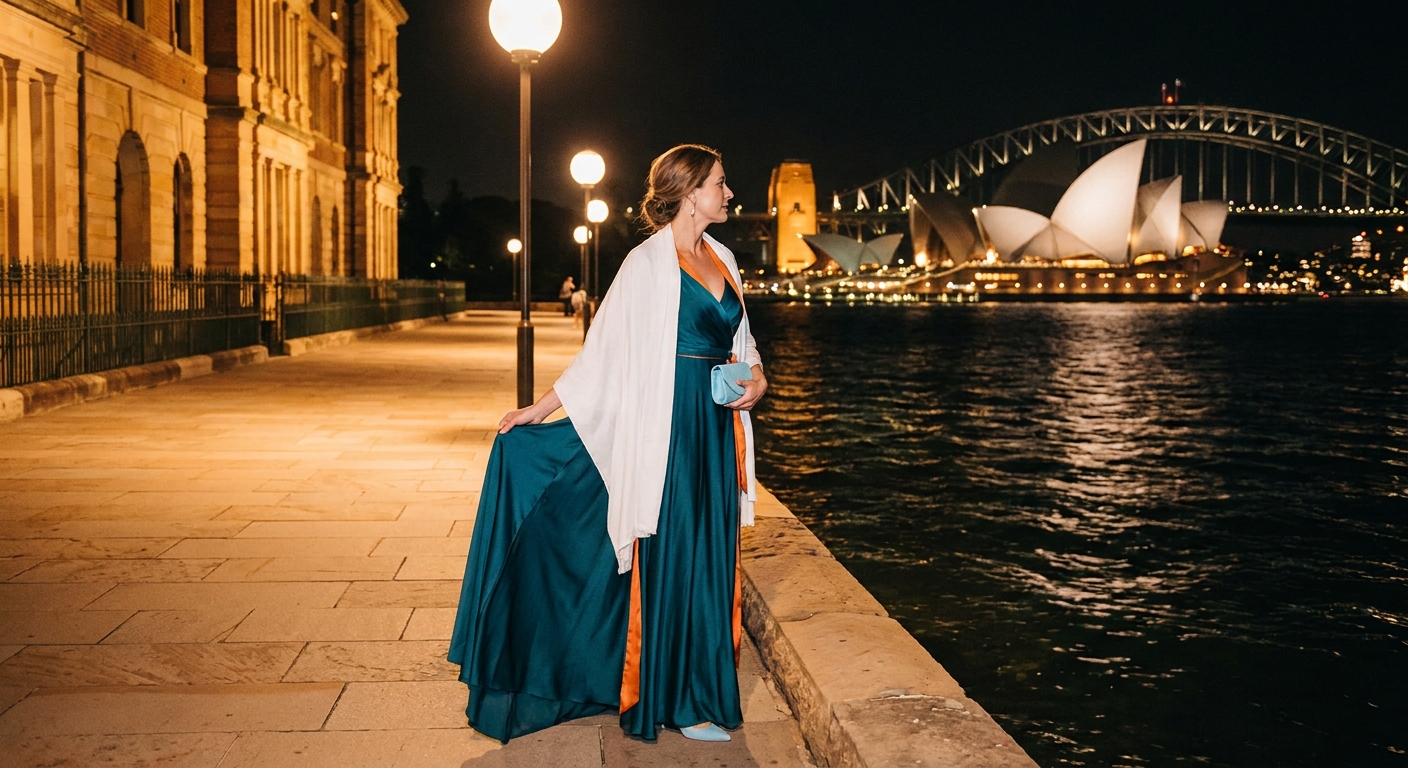 A photorealistic lifestyle scene of an elegant woman in a sophisticated evening gown standing on a Sydney Harbour foreshore at night, the Opera House illuminated behind her, shot in warm editorial lighting with a premium fashion photography aesthetic. Alt: High-class GFE escort Sydney Harbour Opera House evening companionship.