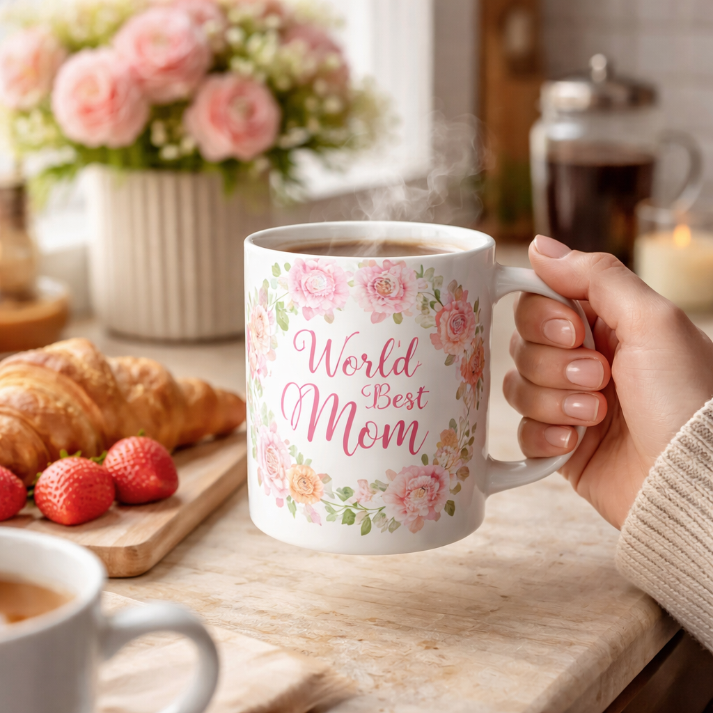 A photorealistic scene of a cozy kitchen countertop with a beautifully designed custom Mom mug featuring a pastel floral pattern and a handwritten “World’s Best Mom” text, soft natural lighting, realistic textures, capturing the moment a mother lifts the mug for her first sip of coffee. Alt: Custom Mom mug print on demand showcasing personalized design on a realistic kitchen setting.