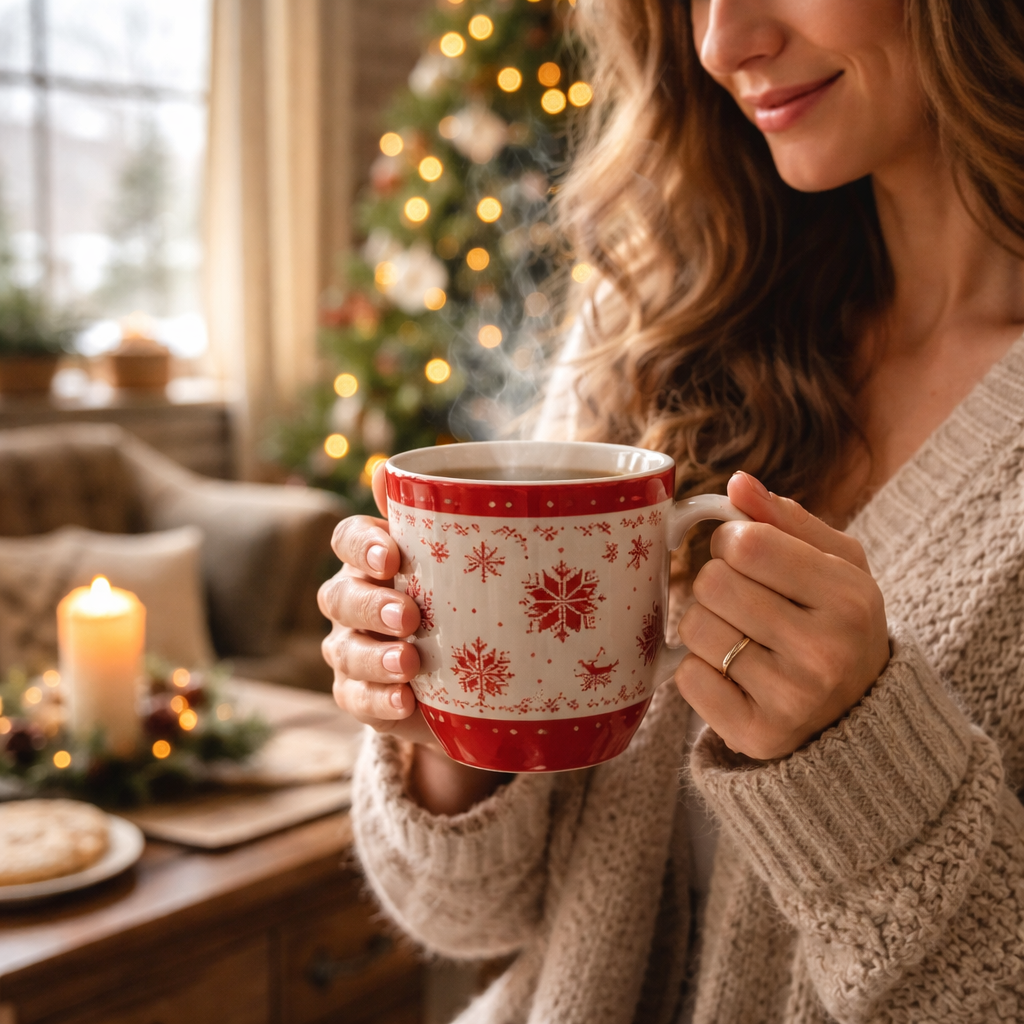 A photorealistic kitchen scene in a cozy living room, showing a mom holding a festive holiday-themed ceramic mug with snowflake design, soft natural light streaming through a window, realistic textures on the mug and surrounding décor, Realism style.