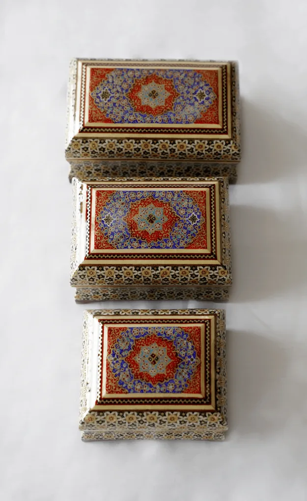 Handmade Wooden Decorative Box: visual reference for 5. Handmade Wooden Decorative Box – Tazhib Khatam (S, M, L)