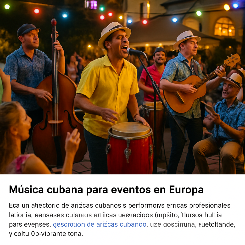 A vibrant scene of a Cuban band playing live at a European outdoor wedding, colorful lights, audience dancing, showcasing authentic instruments. Alt: MusicMatch Cuba plataforma música cubana eventos Europa