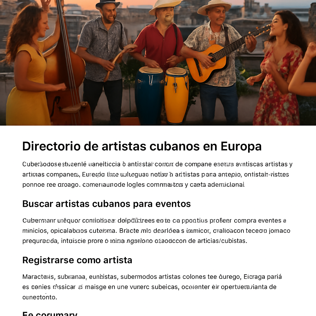 A lively Cuban band performing on a European rooftop terrace at sunset, colorful instruments and smiling guests dancing. Alt: CubaTalent Europe plataforma músicos cubanos eventos Europa