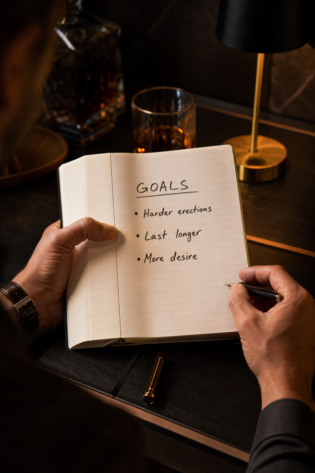 A photorealistic close-up of a man's hands holding a notebook with three written goals: "Harder erections", "Last longer", "More desire", with a pen next to it. Alt: Man writing male performance goals.