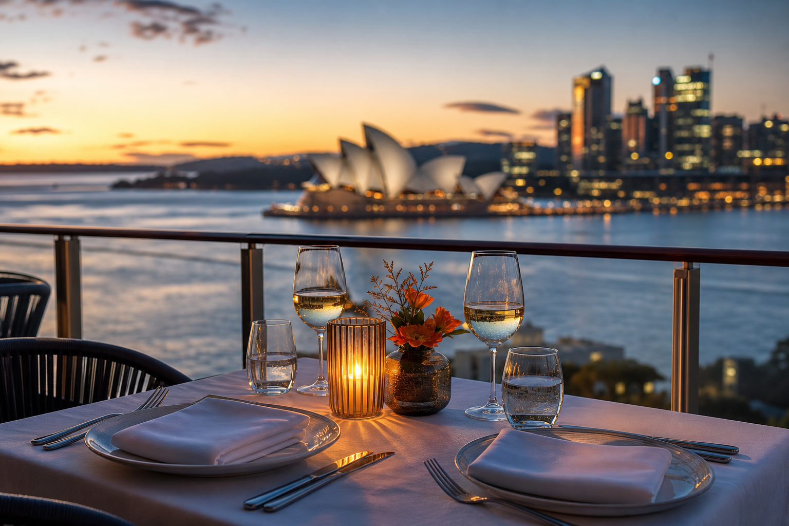 A photorealistic scene of a beautifully set restaurant table for two overlooking Sydney Harbour at twilight, candlelight reflecting on wine glasses, with the Sydney Opera House softly visible in the background. Alt: girlfriend experience Sydney harbour dinner setting at twilight.