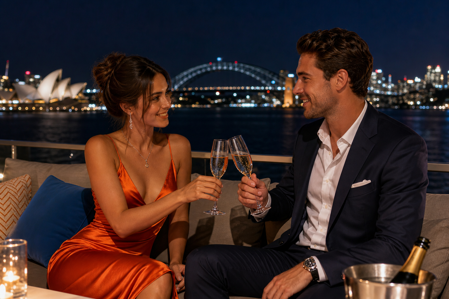 A photorealistic scene of an elegantly dressed woman and a well-dressed man sharing champagne on a private Sydney harbour terrace at night, city lights reflecting on the water, sophisticated and intimate atmosphere. Alt: Boardroom Escorts premium girlfriend experience Sydney harbour evening.