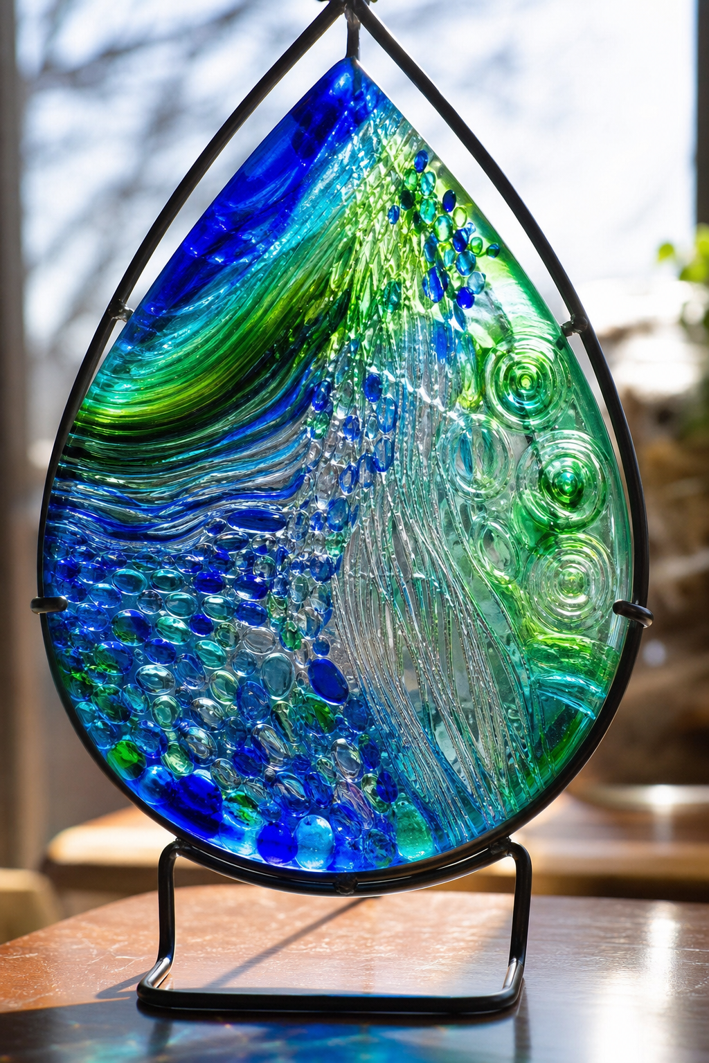 A photorealistic image of a finished glass dropout piece in a wire stand, with light shining through the glass, showing deep colors and a curved 3D shape. Alt: finished glass dropout art piece created in an advanced glass fusing workshop online.