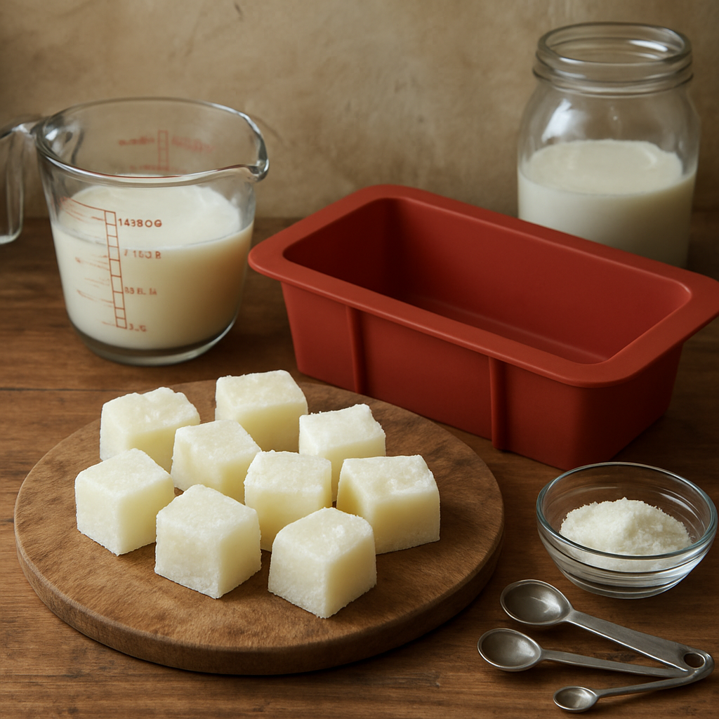 A rustic kitchen counter with a silicone loaf mold, frozen goat milk cubes, and measuring tools. Alt: DIY goat milk soap recipe ingredients and process for dry skin.