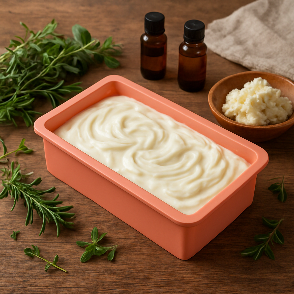 A rustic kitchen countertop with a silicone soap mold filled with a creamy, swirled goat milk and shea butter soap bar, fresh herbs and essential oil bottles scattered around. Alt: DIY goat milk and shea butter soap making setup for custom skincare