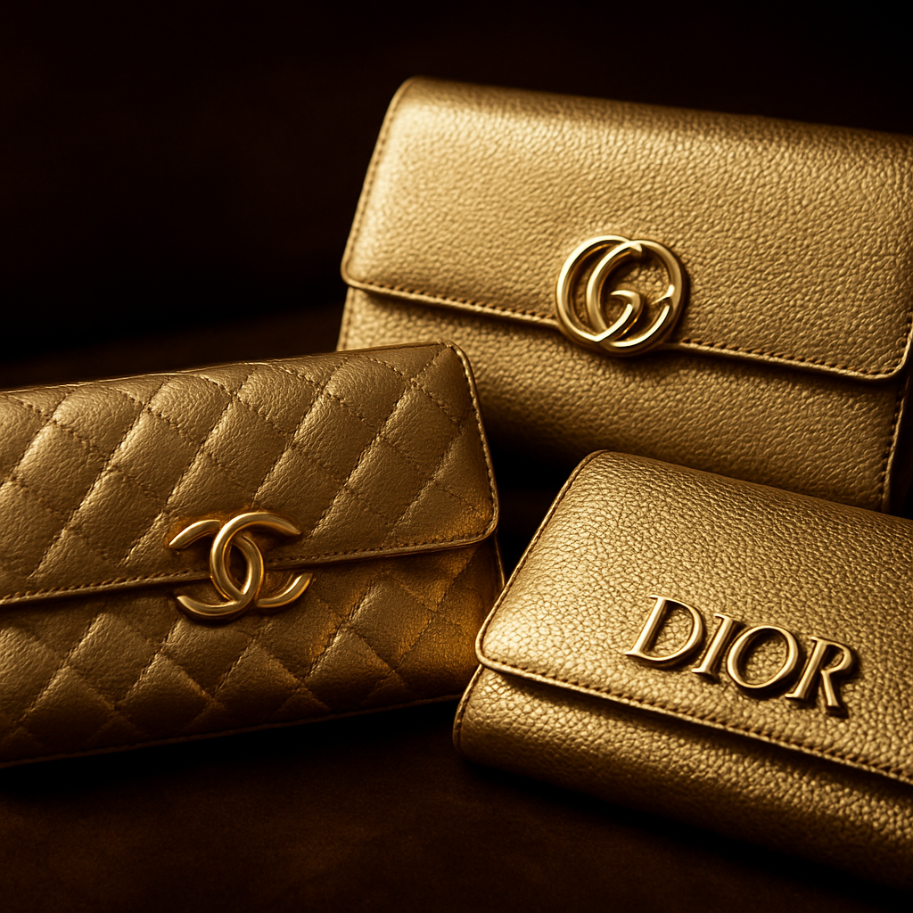 A close‑up of three gold clutch bags from Chanel, Gucci, and Dior displayed on a velvet surface, highlighting different metal finishes and textures. Alt: gold designer clutch bag comparison luxury brands