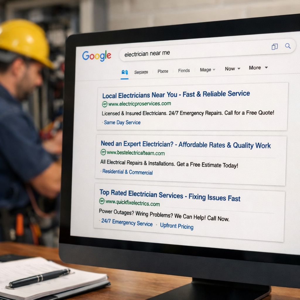 A photorealistic image related to google-ads-ad-copy-examples-for-electricians. Alt: google-ads-ad-copy-examples-for-electricians