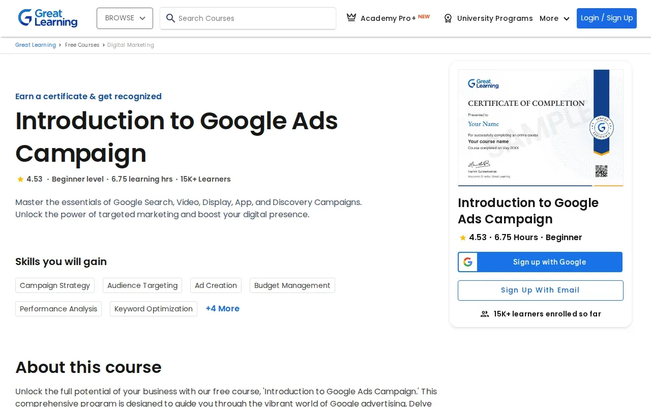 Screenshot of the Free Google Ads Course with Certificate by Great Learning website