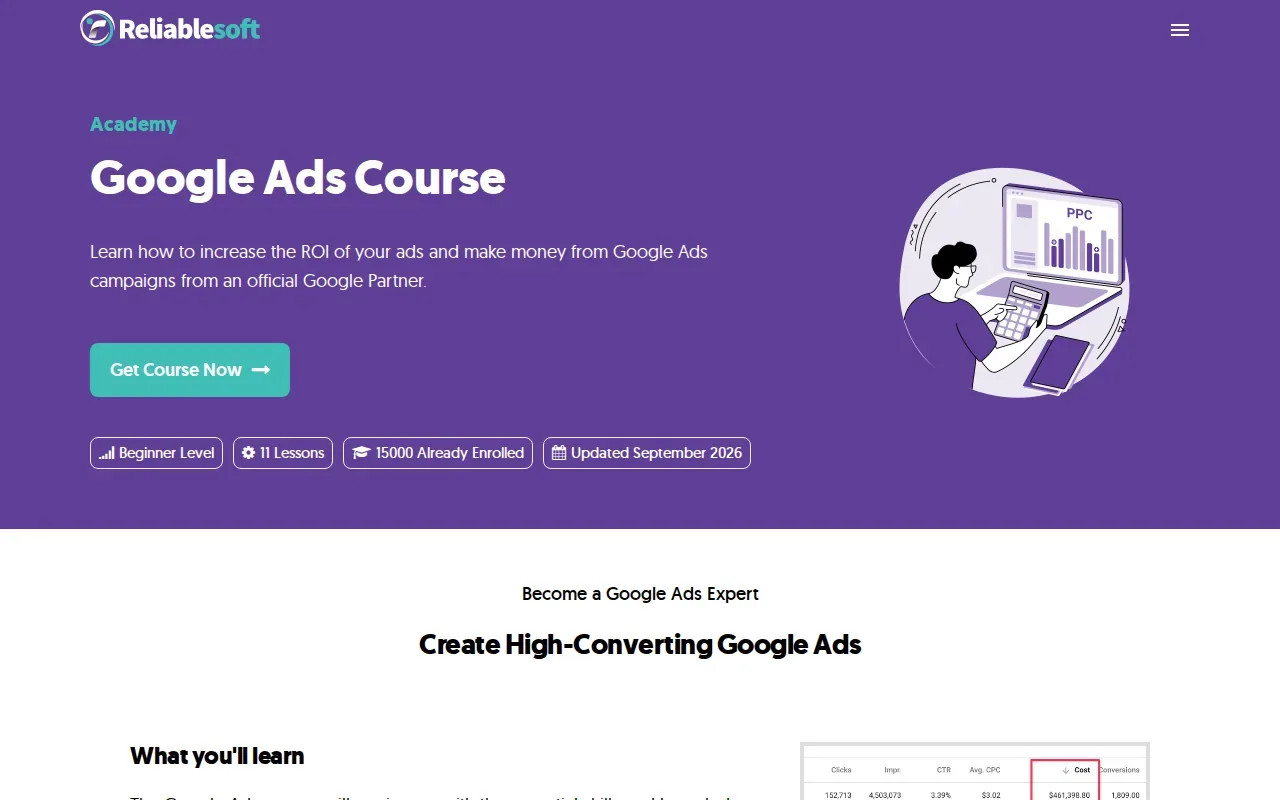Screenshot of the Google Ads Full Course by Reliablesoft website