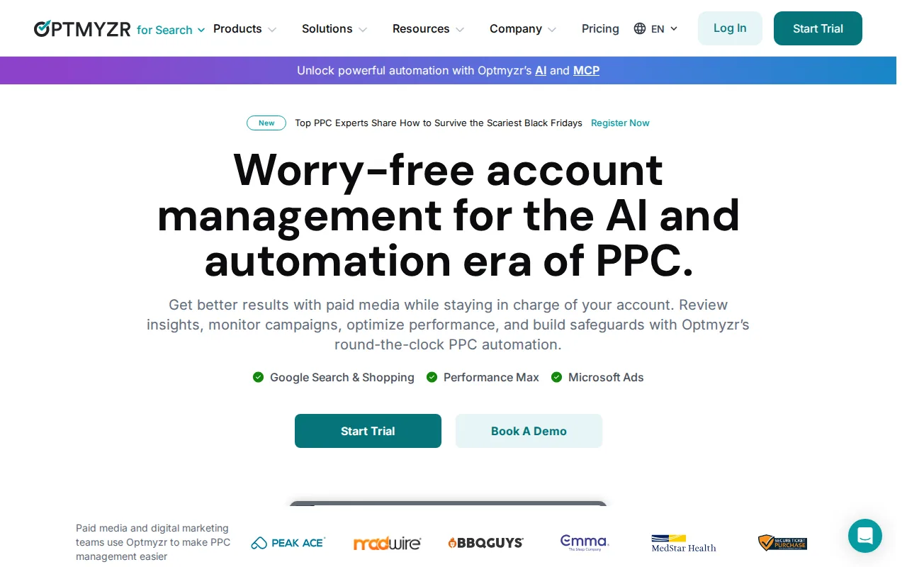 Screenshot of the Optmyzr website