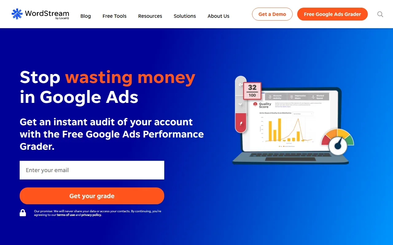 Screenshot of the WordStream website