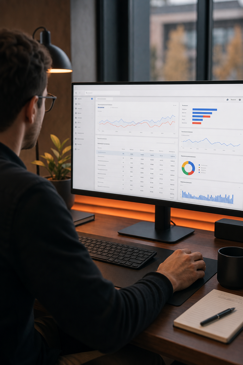 A photorealistic over-the-shoulder shot of a marketing strategist reviewing a Google Ads performance dashboard on a wide monitor in a modern office, warm orange accent lighting on the desk. Alt: Specialist managing a Google Ads campaign for a client.