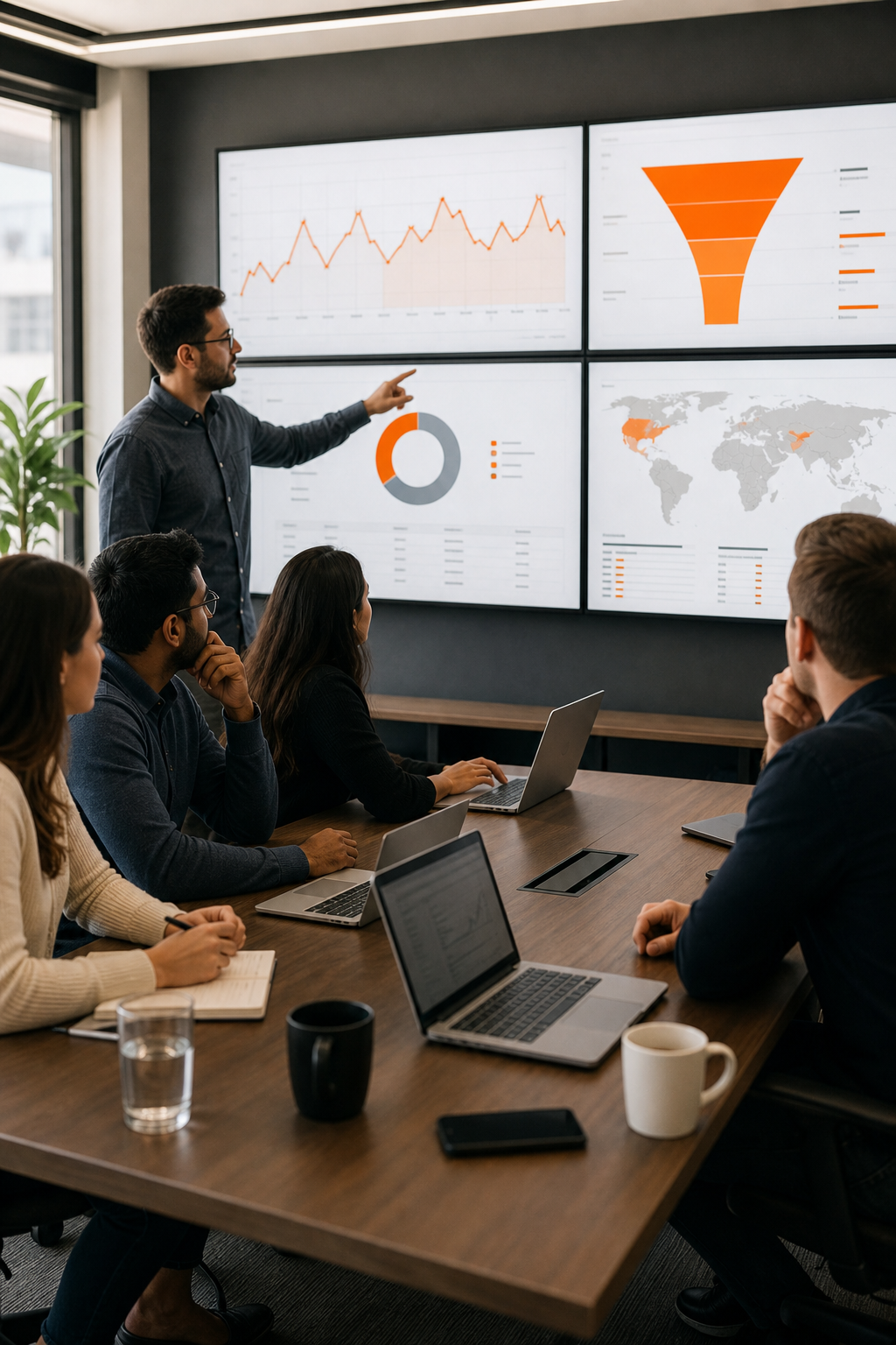 A photorealistic wide shot of a performance marketing team in a meeting room studying large screens filled with campaign analytics charts and conversion funnels, subtle orange highlights on the data. Alt: Enterprise performance marketing team analyzing Google Ads attribution data.