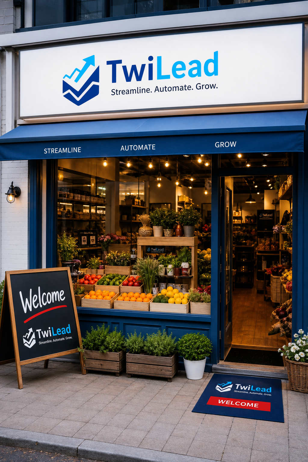 A photorealistic image of a small business storefront with fresh products displayed, warm lighting, and a “Welcome” sign. Alt: Optimized Google My Business storefront photo with products.