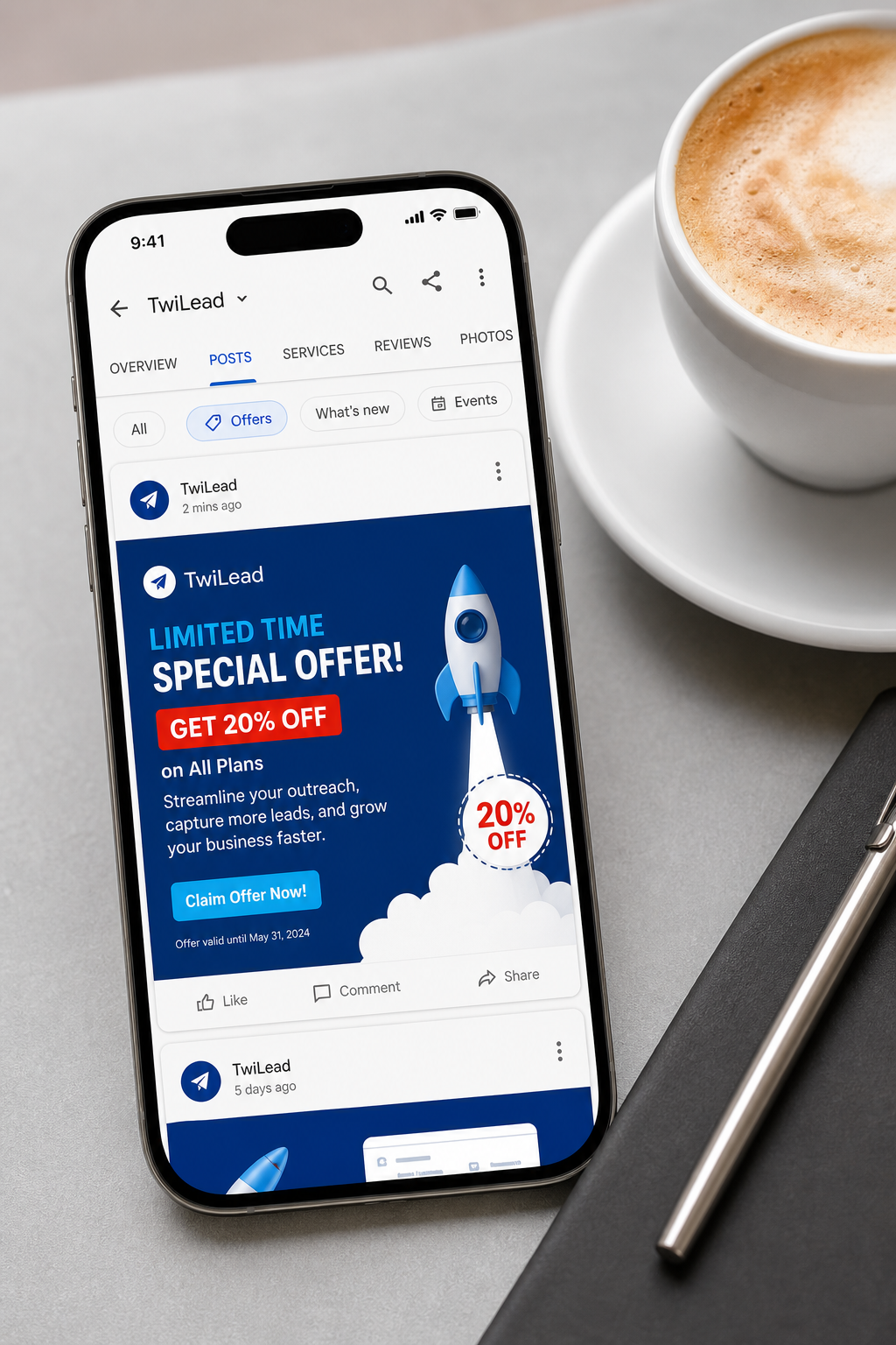 A photorealistic image of a smartphone showing a Google Business Profile post with a special offer, next to a cup of coffee. Alt: Google My Business post with promotional offer on mobile screen.