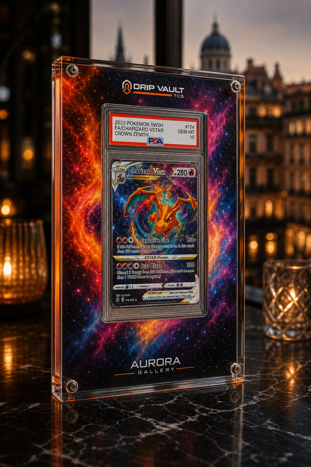 An artist's rendering of the Aurora Gallery extended art slab display case featuring a colorful nebula artwork that extends behind a PSA slab. The case is placed on a black marble surface. Alt: Aurora Gallery extended art slab display case with nebula background
