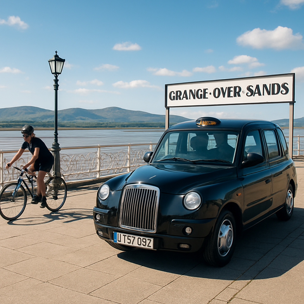A sunny morning on the Grange over Sands pier with a tidy black taxi waiting, a cyclist passing by, and the backdrop of rolling hills. Alt: Grange over Sands taxi ready for passengers on a bright day.