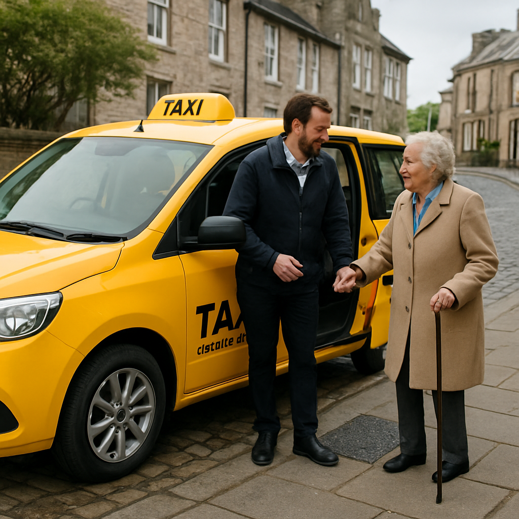 A friendly taxi parked on a cobbled street in Grange over Sands, with a driver opening the door for an elderly passenger. Alt: Grange over Sands taxi safety and accessibility features.