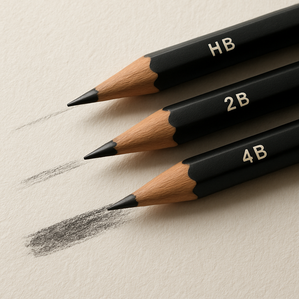 A close‑up of three graphite pencils—HB, 2B, and 4B—arranged on a textured sketchbook page, showing varying darkness and line quality. Alt: Understanding pencil grades for beginners with visual comparison of HB, 2B, and 4B on paper.