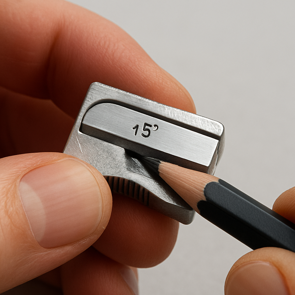 A close‑up of a hand sharpening a graphite pencil with a metal handheld sharpener, showing the 15° angle bevel. Alt: Sharp graphite pencil tip for beginners achieving consistent lines.