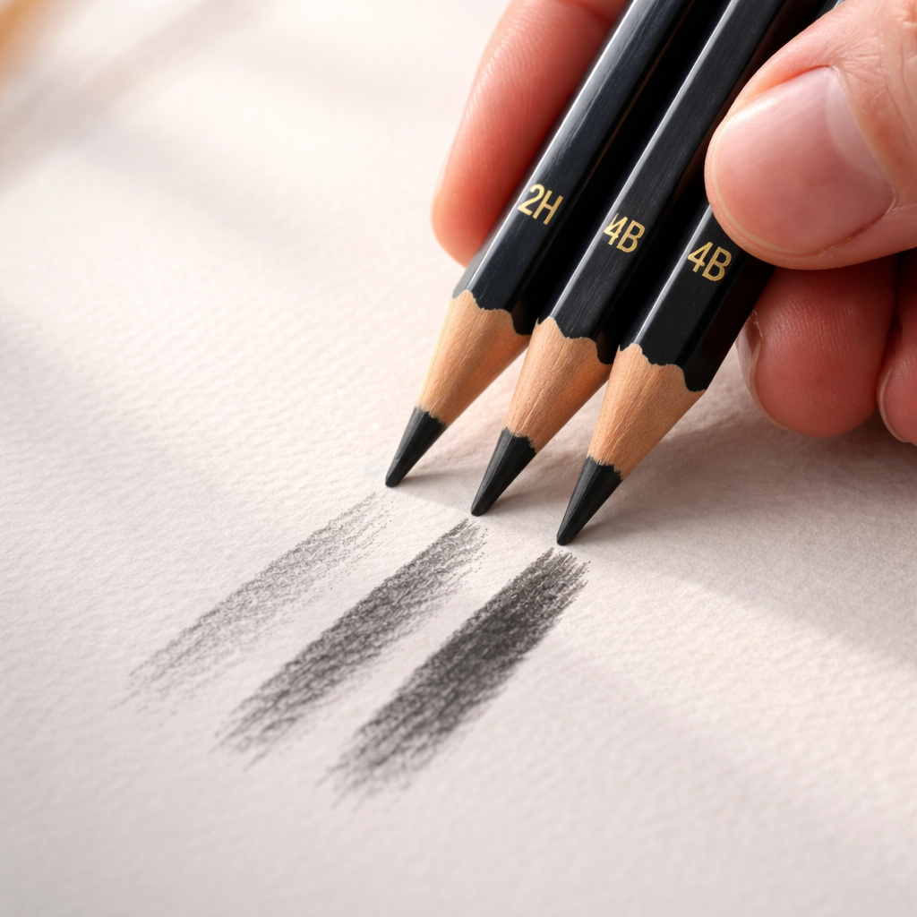 A photorealistic close‑up of a hand holding three graphite pencils (2H, HB, 4B) arranged on a textured drawing paper, soft daylight illuminating the lead tips, showing subtle differences in darkness and texture. Alt: graphite pencils for drawing grades comparison in realistic style.