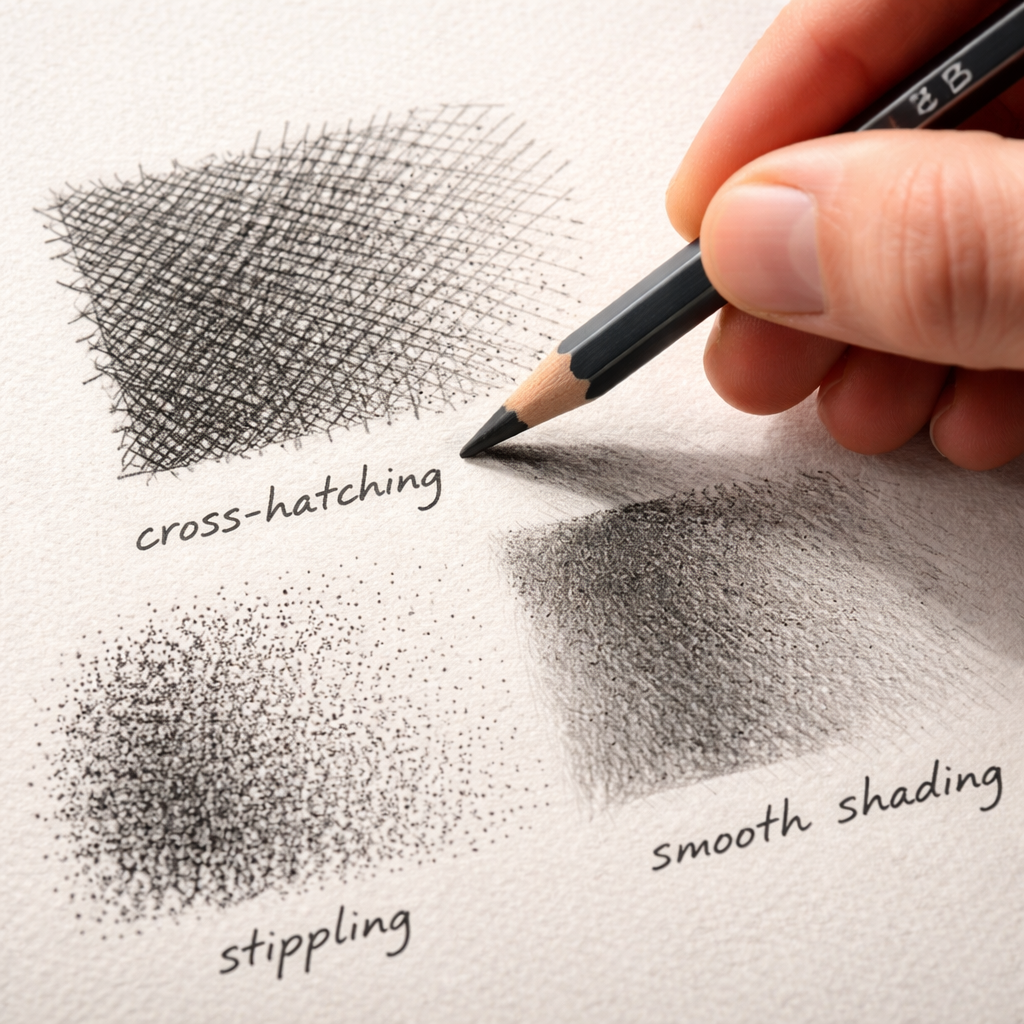 A photorealistic close‑up of an artist’s hand using a graphite pencil to create varied textures on textured paper, showing cross‑hatching, stippling and smooth shading. Alt: Applying graphite pencils for drawing techniques and textures.