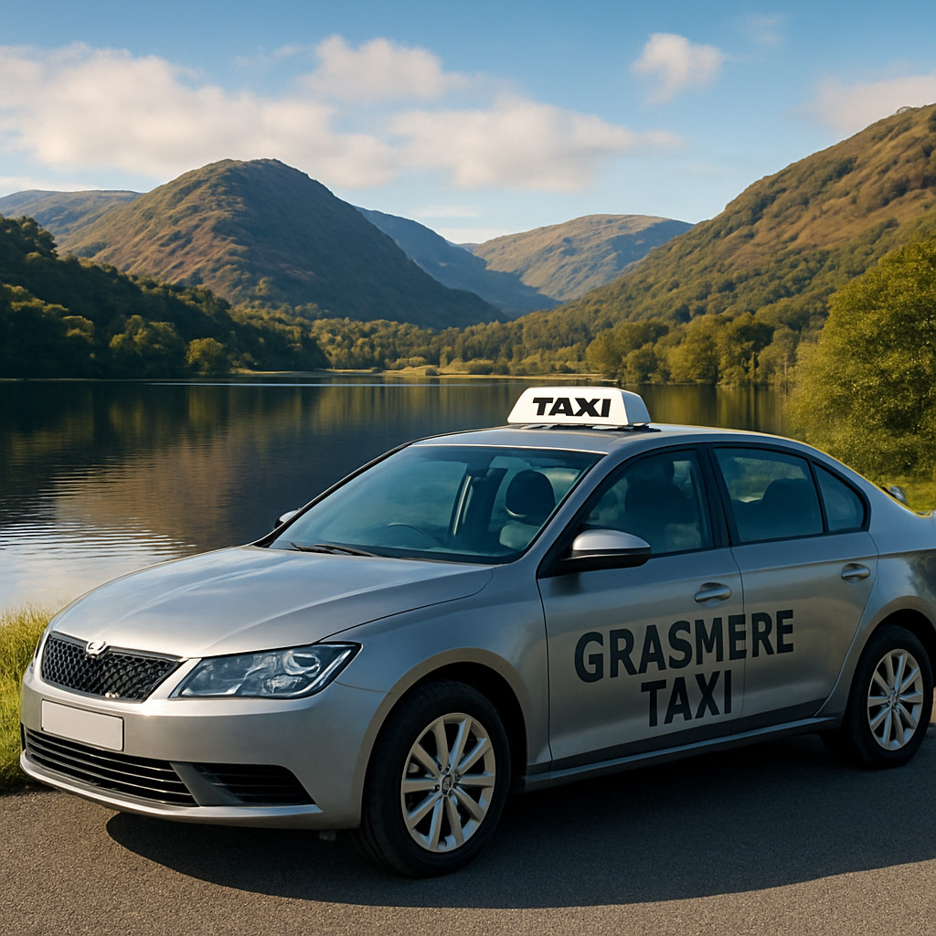 A scenic view of a Grasmere taxi parked near the lake, with mountains in the background. Alt: Grasmere taxi near lake.