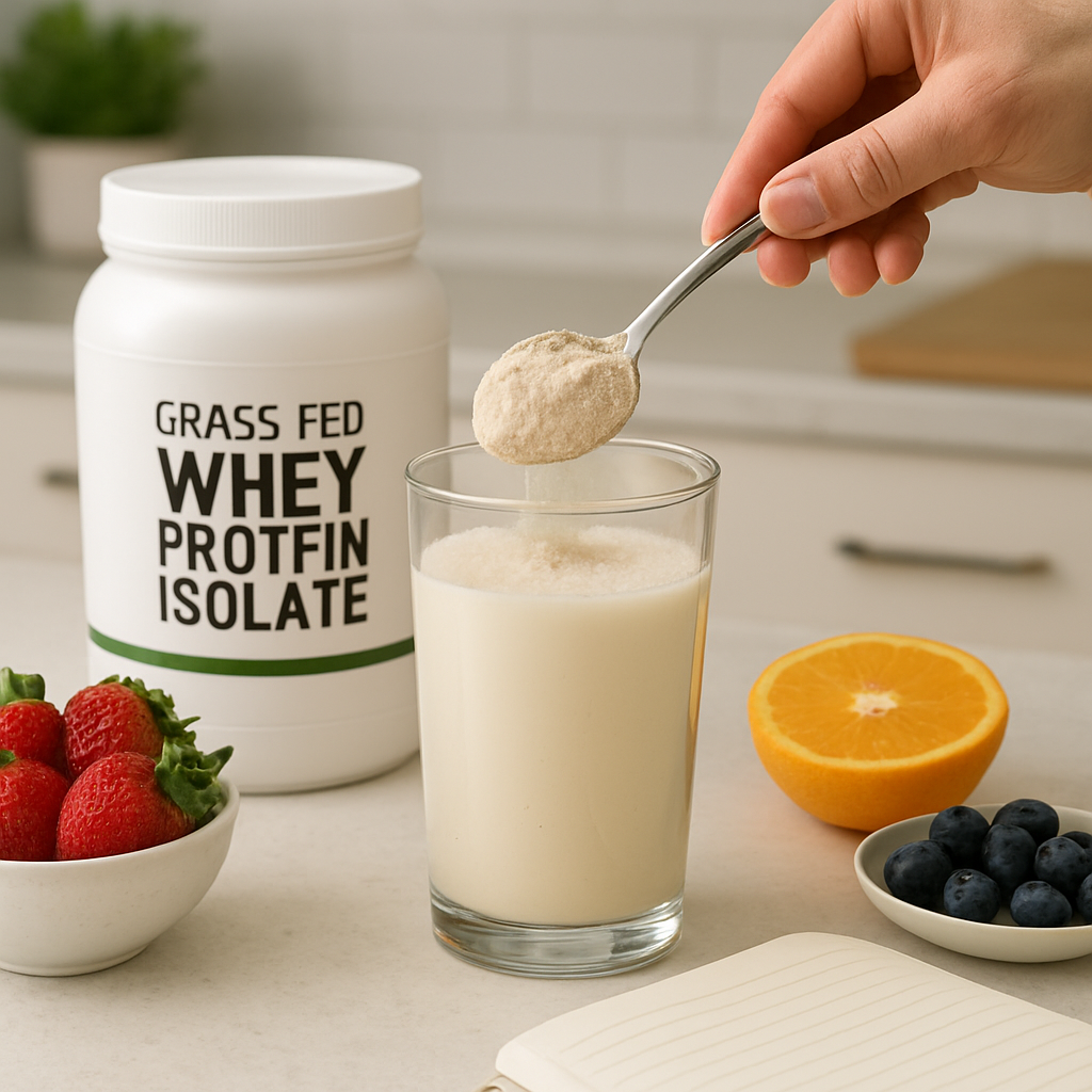 A bright kitchen counter with a scoop of grass fed whey protein isolate powder being stirred into a glass of almond milk, fresh fruit and a notebook nearby. Alt: Grass fed whey protein isolate powder being mixed into a shake