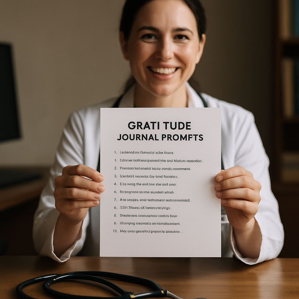 A clinician holding a printable gratitude journal prompt sheet, smiling, with a stethoscope draped over a desk. Alt: gratitude journal prompts pdf for healthcare professionals