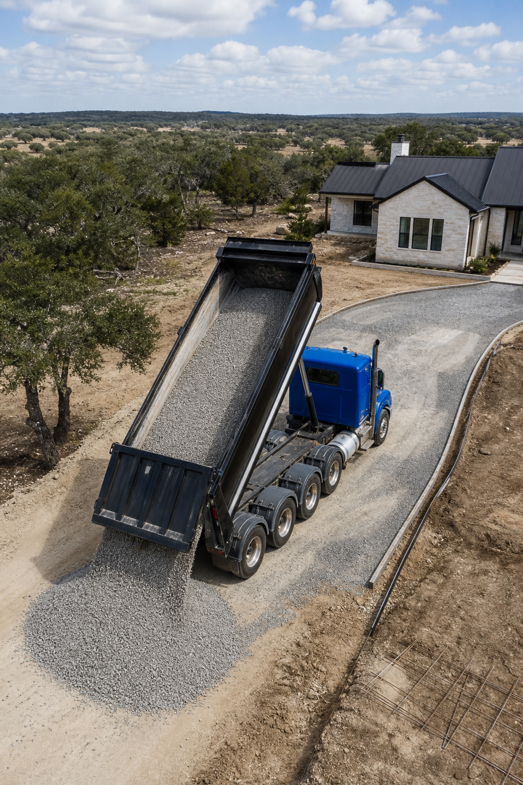 A photorealistic drone shot of a dump truck unloading gravel at a residential construction site in San Antonio, natural lighting, no people, Texas landscape. Alt: Dump truck delivering gravel in San Antonio residential driveway construction.