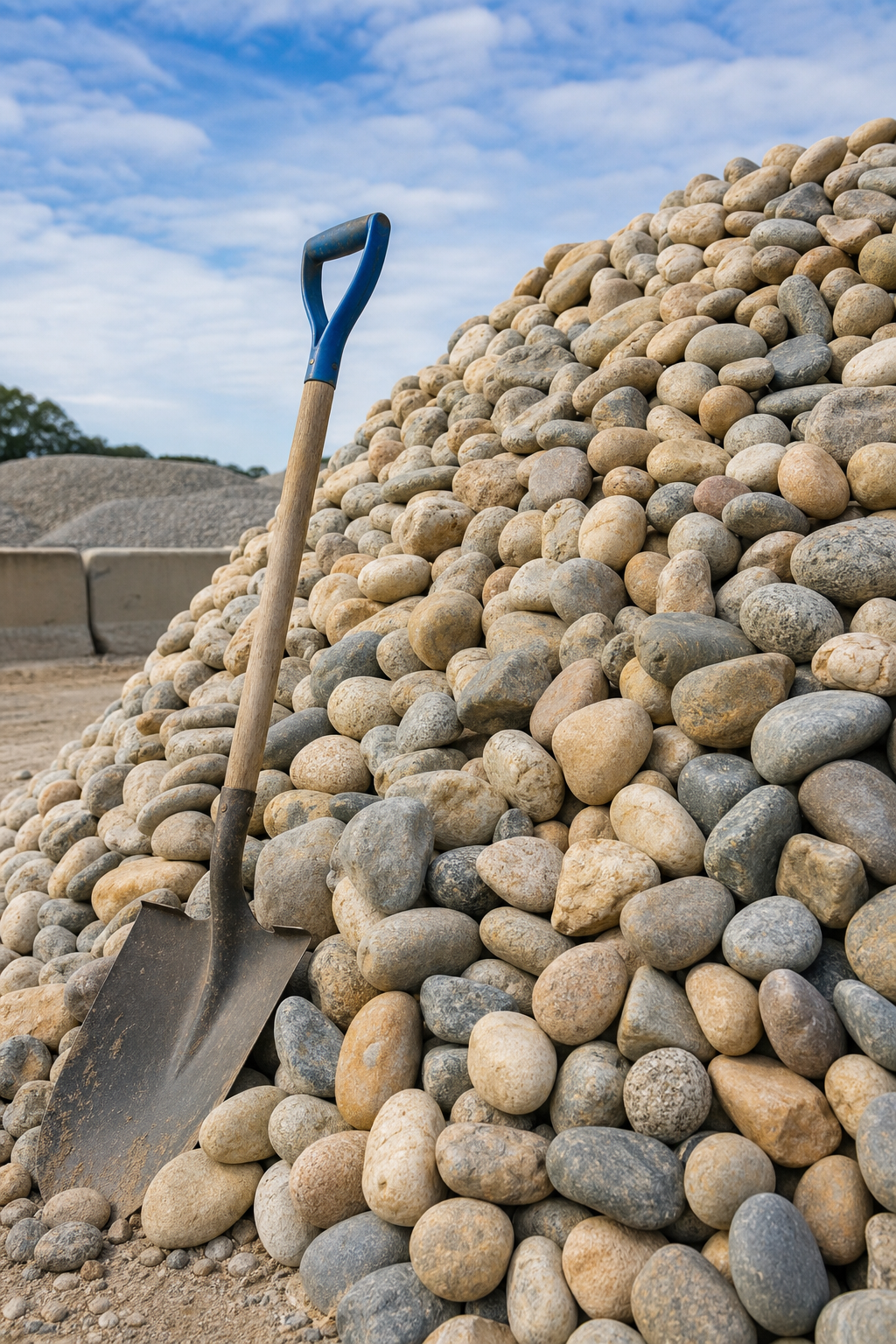 A photorealistic close-up of a pile of decorative river rock at a landscape supply yard in San Antonio, natural lighting, no people, with a shovel leaning against the pile. Alt: Decorative river rock pile at a San Antonio landscape supply yard.