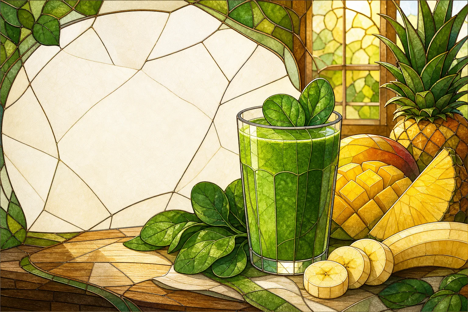 Easy greens smoothie recipe with spinach, mango, pineapple, banana, and water.