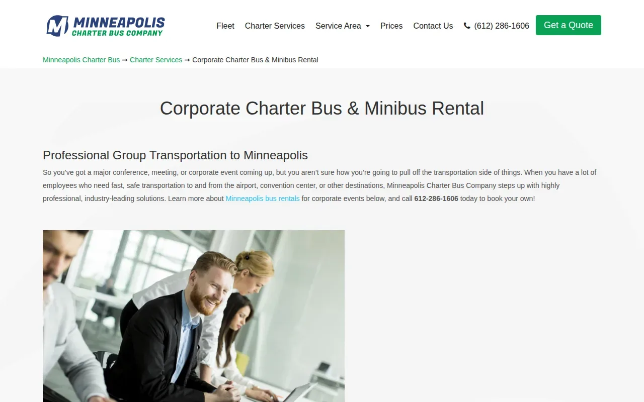 Screenshot of the Minneapolis Charter Bus Company website