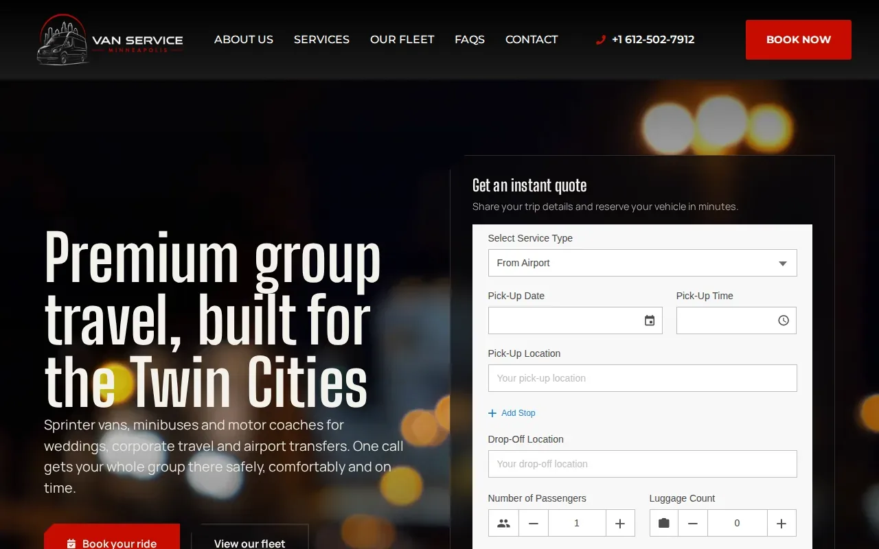 Screenshot of the Van Service Minneapolis website