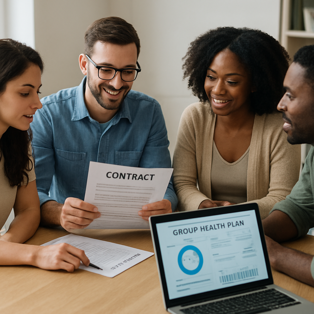 A realistic photo of a diverse group of freelancers in a casual meeting, discussing a contract, with a laptop open to a group health plan dashboard. Alt: freelancers collaborating on group health insurance
