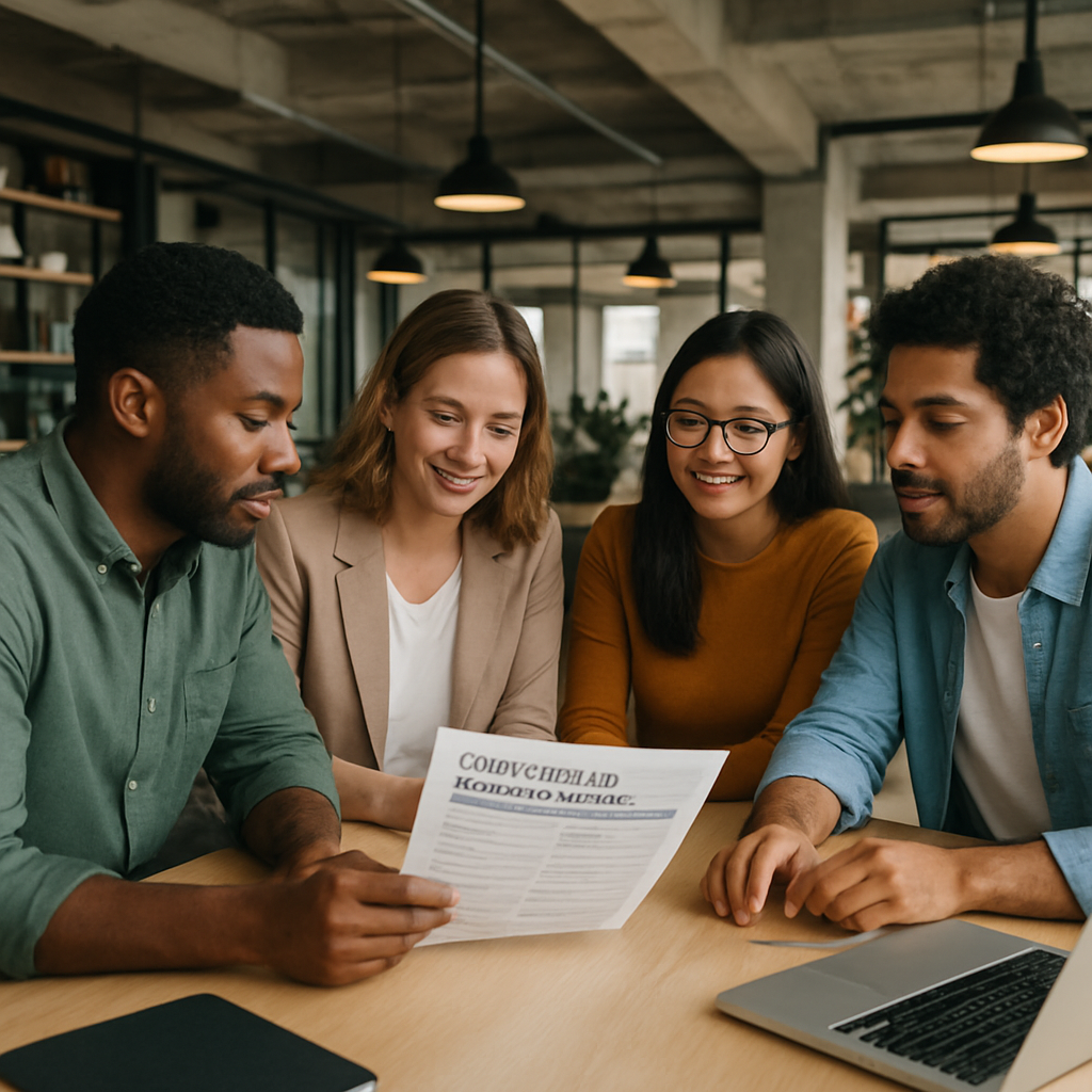 A Realism image prompt for Life Care Benefit Services. Alt: Diverse group of 1099 contractors around a conference table reviewing a group health insurance plan in a modern coworking space.