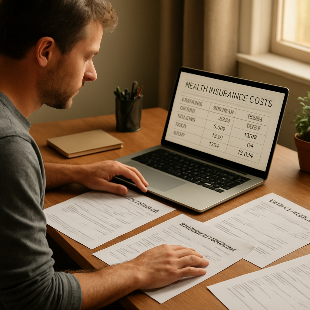 A photorealistic scene of a freelancer sitting at a home office desk, spreading out recent medical statements and a laptop displaying a spreadsheet comparison of individual vs. group health insurance costs, warm natural lighting, realistic details, reflecting the process of assessing coverage needs for contractors. Alt: freelancer assessing health insurance costs for group coverage.