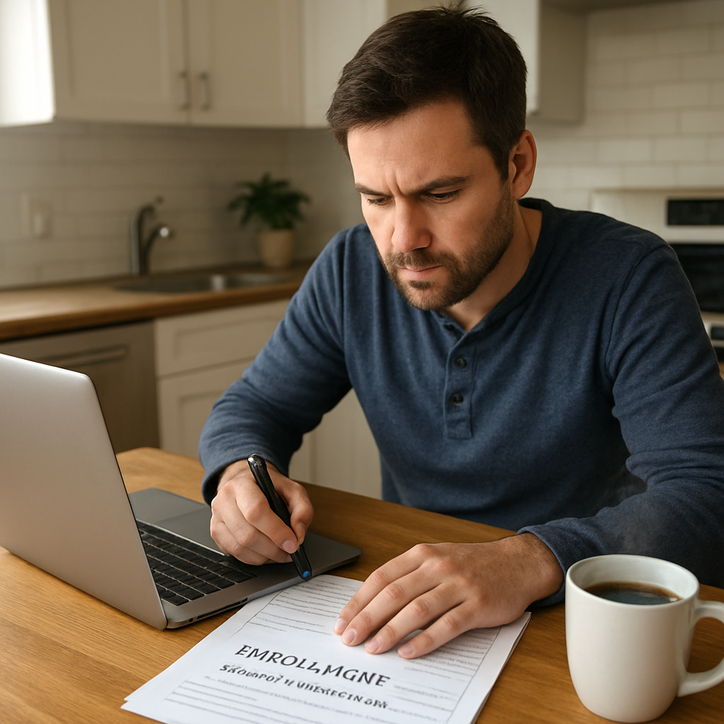 A photorealistic scene of a freelance contractor sitting at a kitchen table, laptop open, filling out enrollment paperwork for a group health plan, with a cup of coffee steaming beside a stack of documents. Alt: Contractor enrolling in group health insurance for contractors