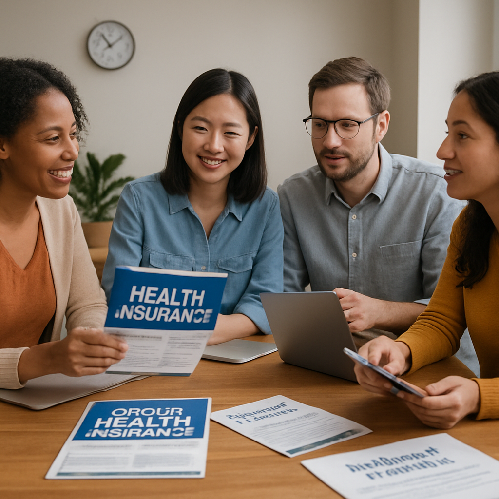 A diverse group of freelancers sitting around a table with laptops and health insurance brochures, discussing options together. Alt: group health insurance options for contractors, freelancers comparing plans
