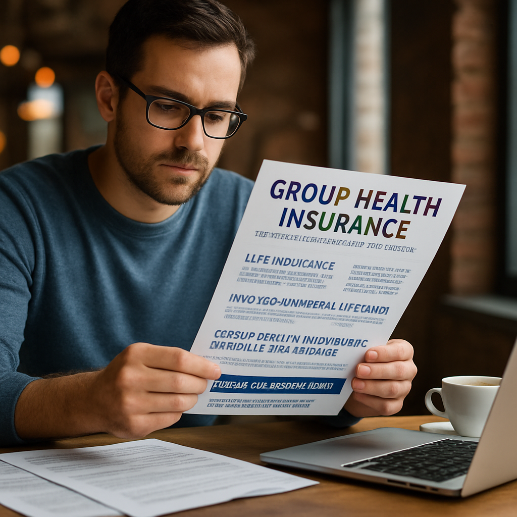 A freelancer reviewing a health insurance brochure at a coffee shop, laptop open, paperwork scattered, emphasizing careful selection of group health coverage. Alt: contractor reviewing group health insurance options