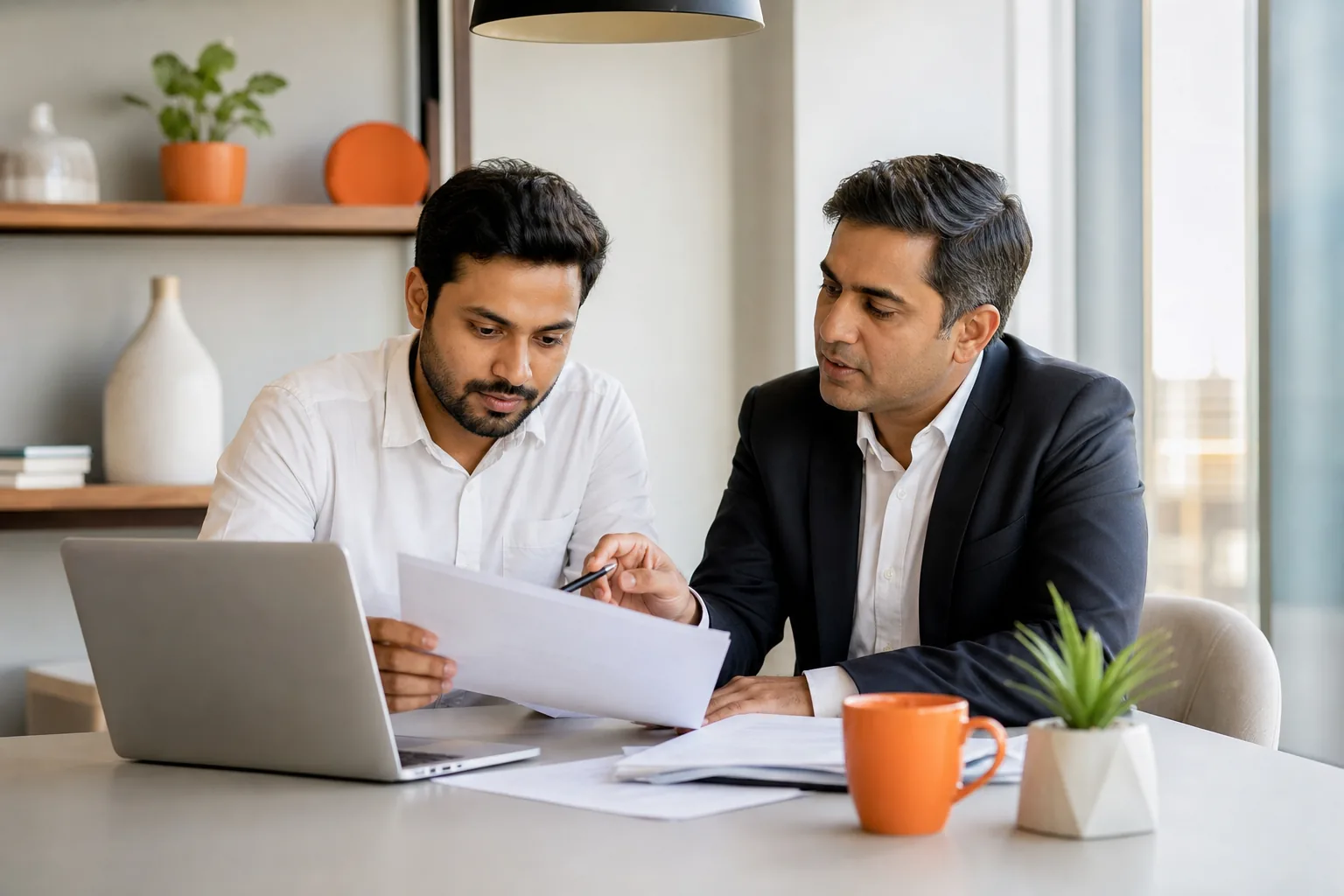 freelancer comparing group health insurance options with an insurance adviser