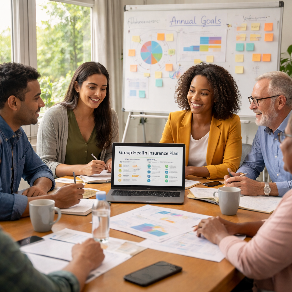 A photorealistic, real-world office scene showing a diverse nonprofit staff meeting around a conference table, reviewing a group health insurance plan on a laptop, with charts and sticky notes on a whiteboard, all lit by natural daylight.